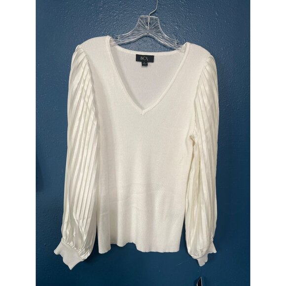 BCX Womens Ribbed Knit Sweater With Pleated Balloon Sleeves In White - Picture 6 of 11